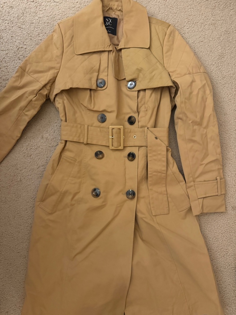 New York & Company Camel Tan Double-Breasted Trench Coat with Belt